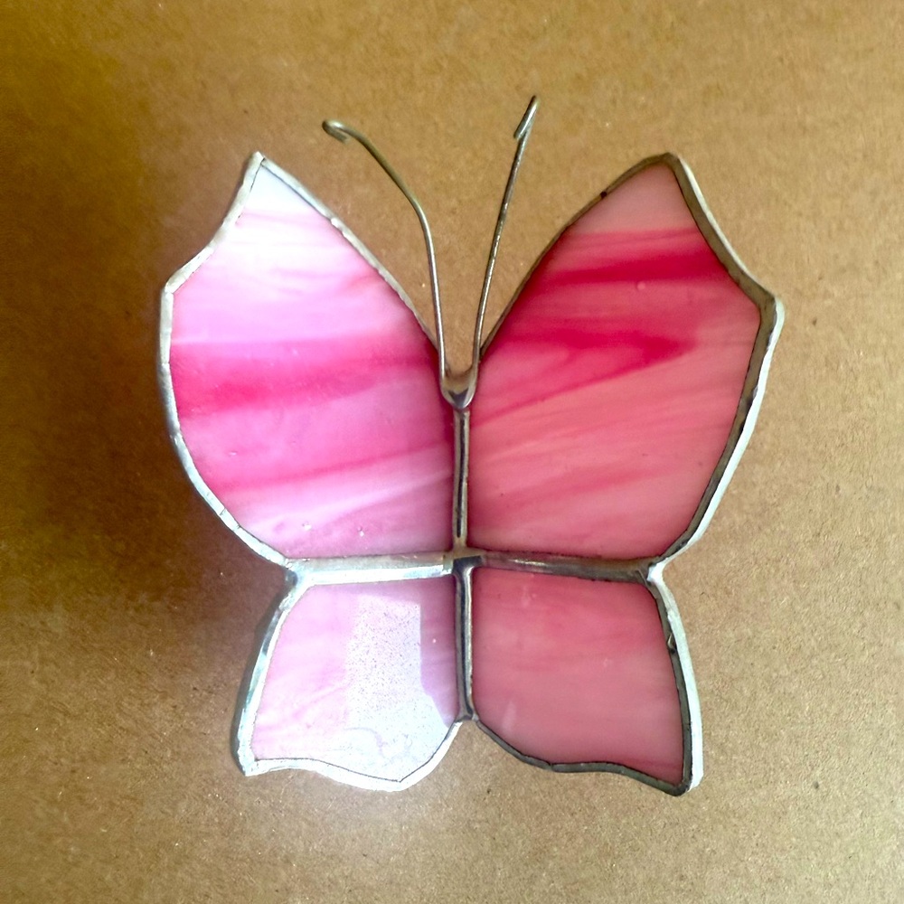 Pink Stained Glass Butterfly Ornament for Window with Suction Cup